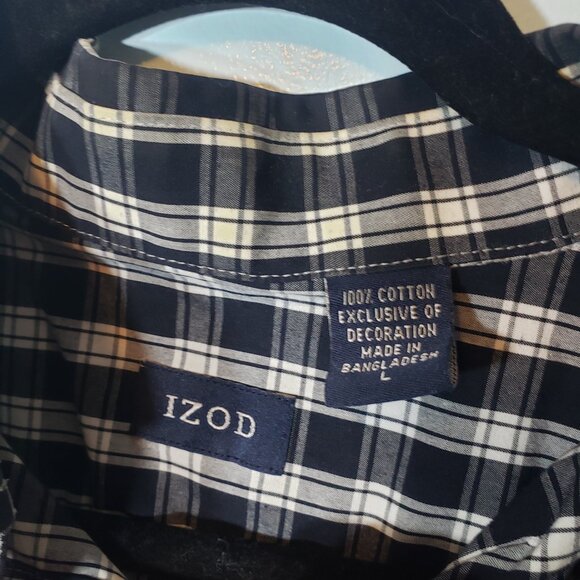 IZOD Button Shirt Men's Size L Large Black White Checkered Long Sleeve - Picture 3 of 7